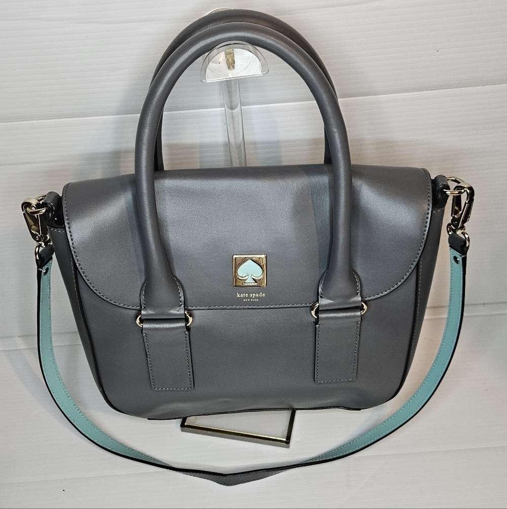 Kate Spade  Bond Street Flo Satchel Gray Blue Leather Top Handle Crossbody Bag